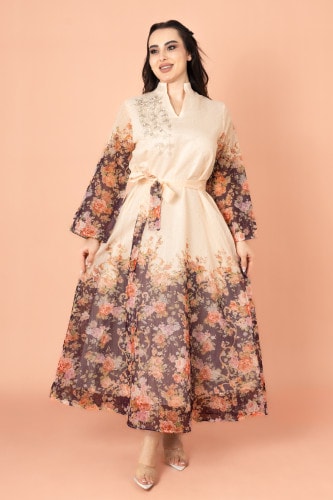 Floral Belted Embroidery Jalabiya IK2019