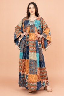 جلابية نقوش هندسية واسعة IK014 ازرق image