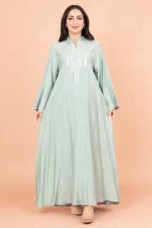 جلابية سادة مطرزة مع عنق اسيوي انيق IK4010 تركوازي image