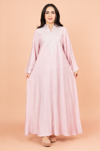 جلابية سادة مطرزة مع عنق اسيوي انيق IK4010 وردي