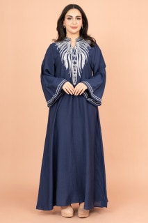 جلابية سادة مطرزة مع عنق اسيوي انيق IK4010 ازرق image