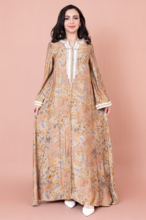 Embroidered Floral Print Jalabiya IK1028 Beige image