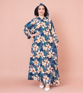 Floral Printed Hoodie Jalabiya IK1030 Blue image