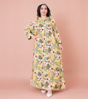 Floral Printed Hoodie Jalabiya IK1030 Yellow image