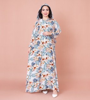 Floral Printed Hoodie Jalabiya IK1030 White image