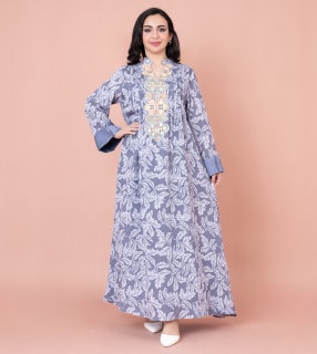 Embroidered Leaf Print Jalabiya IN1031 Grey image