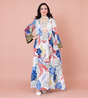 Embroidered Leaf Blossom Jalabiya IK1031 White image