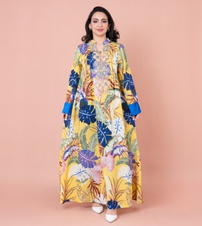 Embroidered Leaf Blossom Jalabiya IK1031 Yellow image