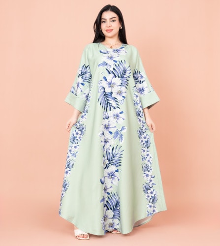Floral Printed Long Gown Fustan IKF1015 Green