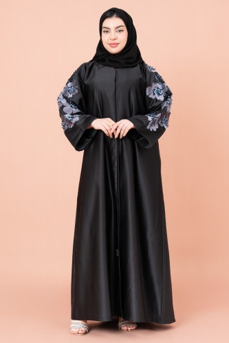 Floral Sleeves Plain Abaya AIK022 Black