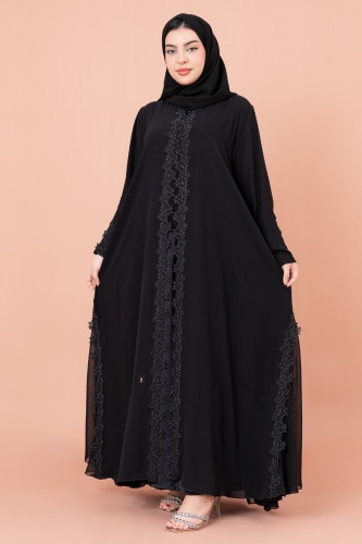 Classic Floral Applique Abaya AIK060 Black