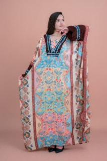 جلابية واسعة بوهيمي مطرزة IK077 تركوازي image