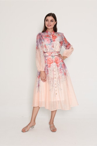 Belted Flower Pattern Mid Length Dress IK6016 Peach