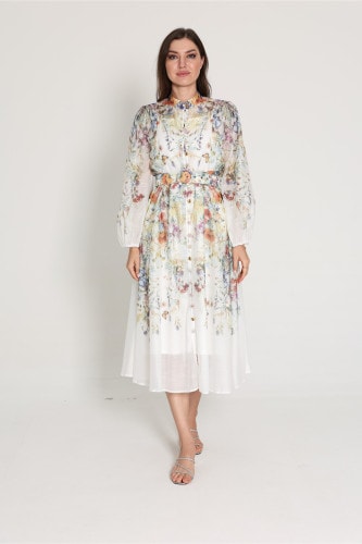 Belted Flower Pattern Mid Length Dress IK6017 Beige