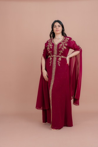 Belted Elegant 2-Piece Kaftan IKS504 Burgundy