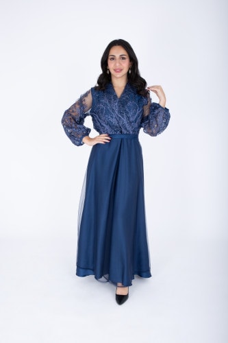 Chiffon Layered Dress Applique Design IK1058 Blue