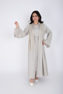 2 Piece Luxury Linen Rope Design Jalabiya IK6021 Brown image