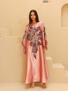 Elegant Shimmer Fabric Big Flower Colorful Design Modern Sleeves IK1049 Peach image