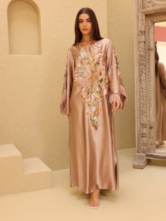 Elegant Shimmer Fabric Big Flower Colorful Design Modern Sleeves IK1049 Brown image