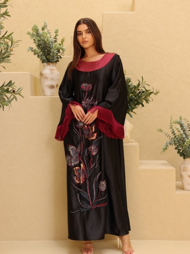 Elegant Shimmer Fabric Floral Design Modern Sleeves IK1056 Black