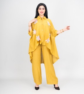 Modern Two-Piece Outfit Oversize Shirt and Pants Crystal Embroidery Details IK477 Yellow image