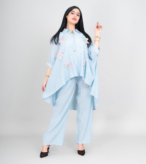 Modern Two-Piece Outfit Oversize Shirt and Pants Crystal Embroidery Details IK477 Blue image