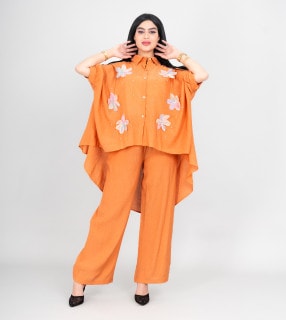 Modern Two-Piece Outfit Oversize Shirt and Pants Crystal Embroidery Details IK477 Orange image