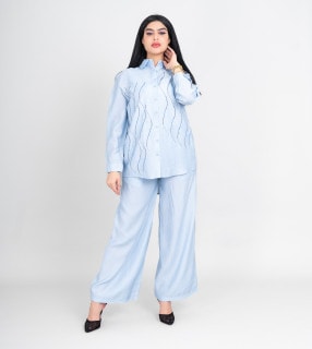 Modern Two-Piece Outfit Shirt and Pants Wavy Crystal Details IK474 Blue image