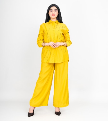 Modern Two-Piece Outfit Shirt and Pants Wavy Crystal Details IK474 Yellow