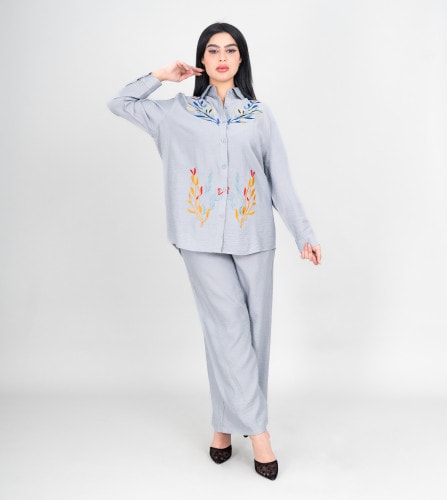 Modern Two-Piece Outfit Soild Shirt and Pants Colorful Embroidery Details IK482 Grey