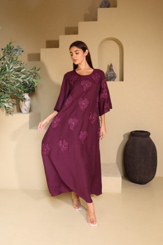 Applique Flowers Crystal Details Jalabiya IK6027 Purple