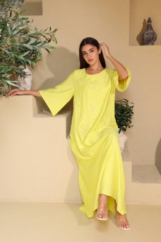Applique Flowers Crystal Details Jalabiya IK6027 Yellow