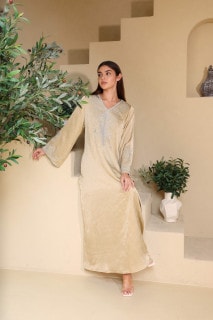 Elegant Embroidery Crystals Beaded Jalabiya IK6035 Brown image