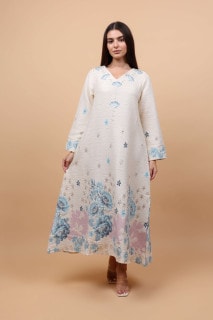 Classic Floral Linen Fabric Jalabiya IK6034 Blue image