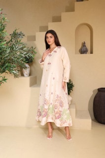 Classic Floral Linen Fabric Jalabiya IK6034 Red image