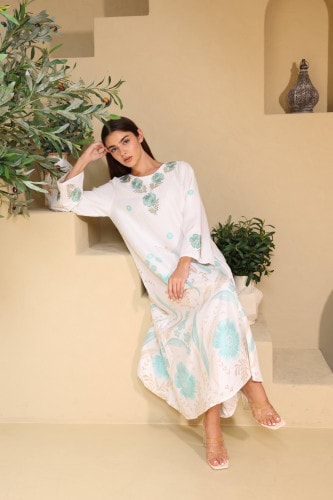 Floral Details Classic Linen Jalabiya IK6031 Blue