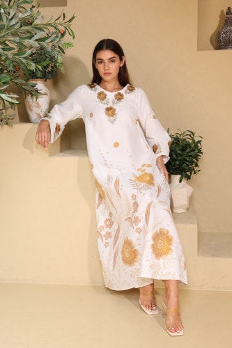 Floral Details Classic Linen Jalabiya IK6031 Brown