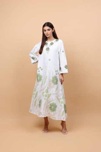 Floral Details Classic Linen Jalabiya IK6031 Green