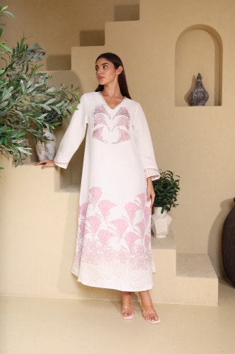 Embroidery Modern Crystal Jalabiya IK6032 Peach