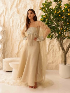 Elegant 2 Piece Outfit Luxury Sheer Sleeves Sequins Details IN9149 Beige image