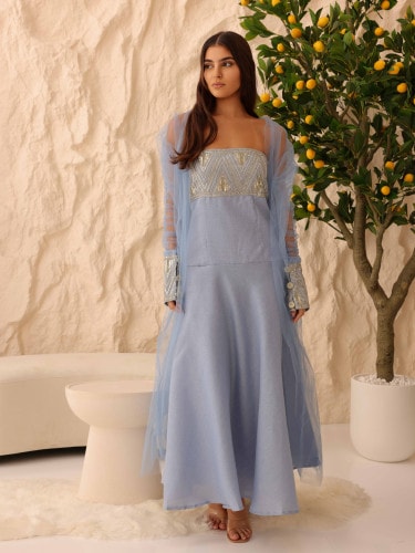Elegant 2 Piece Outfit Luxury Sheer Sleeves Sequins Details IN9149 Blue