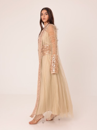 2 Piece Outfit Luxury Sequins Tulle Sleeves IN9158 Beige