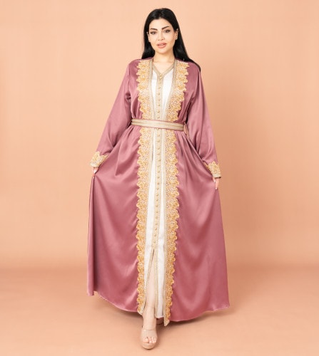 Belted Elegant 2-Piece Kaftan IK2020 Pink