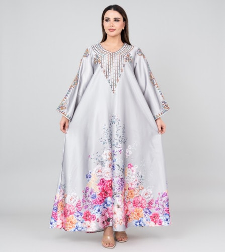 Floral Printed Crystal Embroidery Jalabiya IK1015