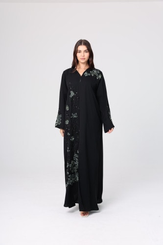Beaded Green Floral Embroidery Abaya ABY1124