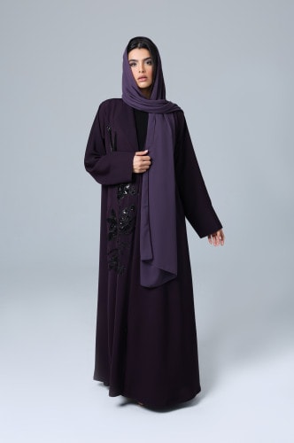 Black Crystal Embroidery Purple Abaya ABY1145