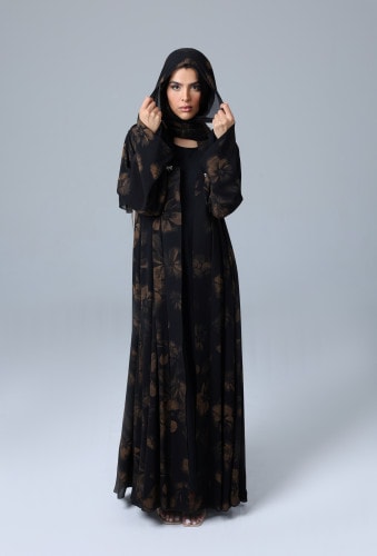 Open Front Brown Flower Prints Abaya ABY1171