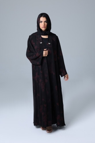 Open Front Red Flowers Prints Abaya ABY1172