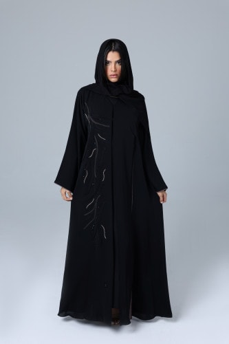 Embroidery Beaded Lines Solid Abaya ABY1174