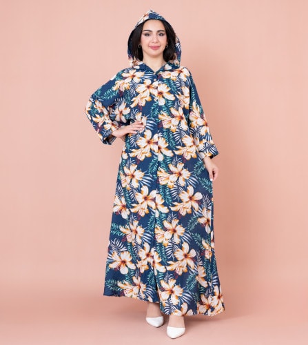Floral Printed Hoodie Jalabiya IK1030 Blue